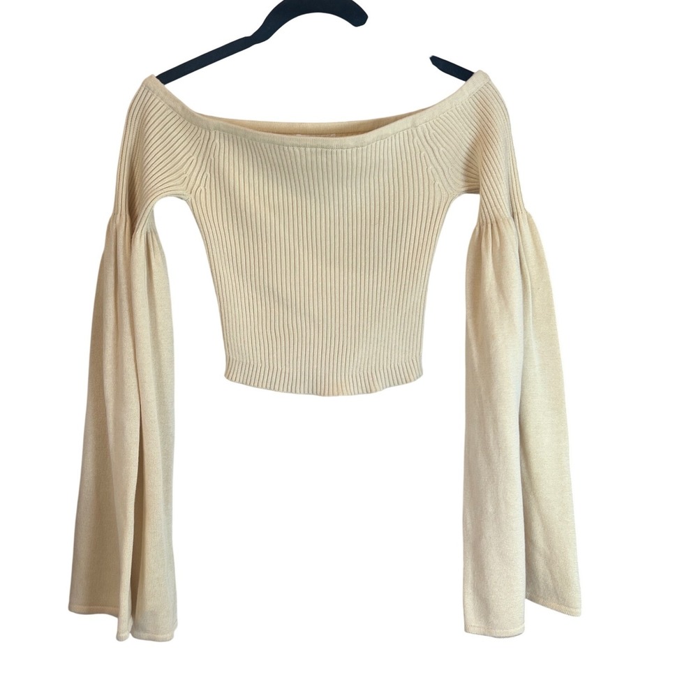 LPA Cream Off The Shoulder Rib Knit Bell‎ Sleeve Crop Top Small Ivory Cotton